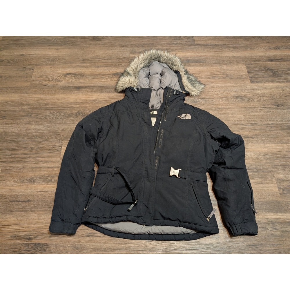 The North‎ Face Womens Black Belted Goose Down Parka Faux Fur Hood M